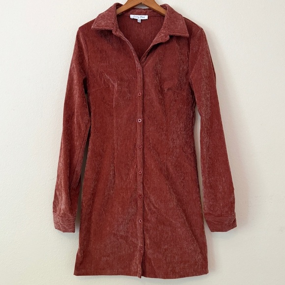 Corduroy Collared Mini Dress Long Sleeve Stretch Burnt Orange Size Medium - Picture 6 of 11